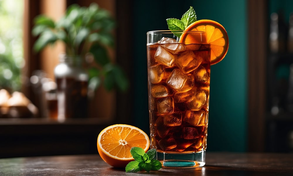 Cold Brew Coffee servito con Arancia e foglie di Menta